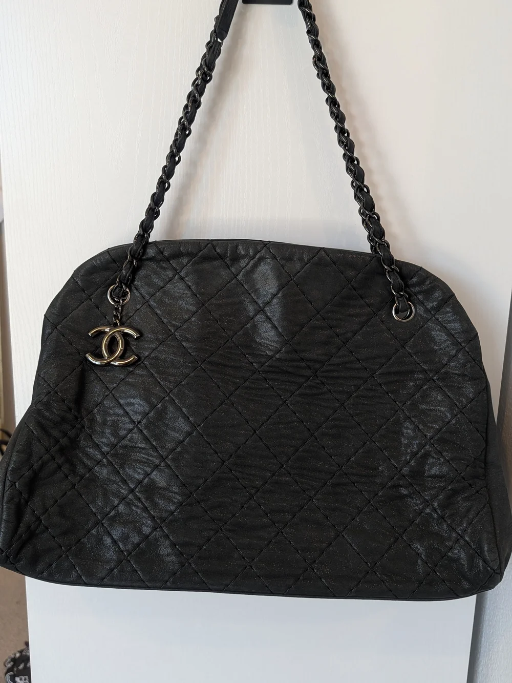 Iridescent Calfskin Large Just Mademoiselle Bowling Bag Black